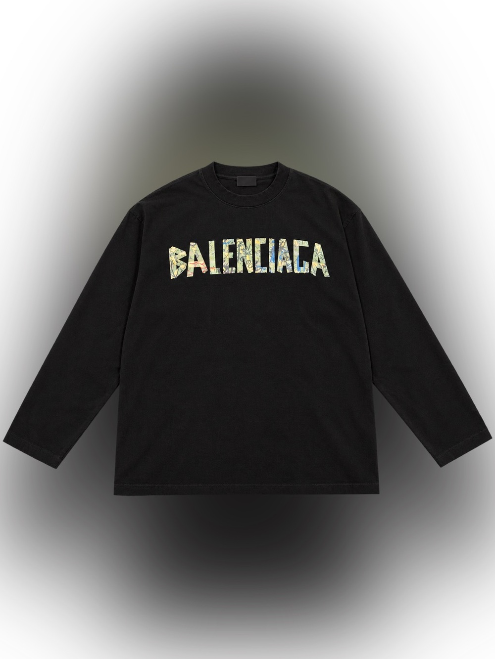 Balenciaga Black Long-Sleeve Tee with Multicolor Marble Logo
